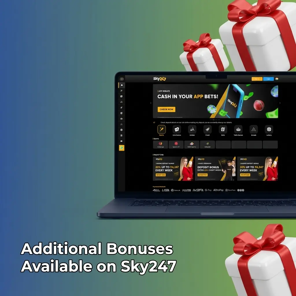 Sky247 additional bonuses including referral, reload, cashback, accumulator boost, and festive promotions for India players