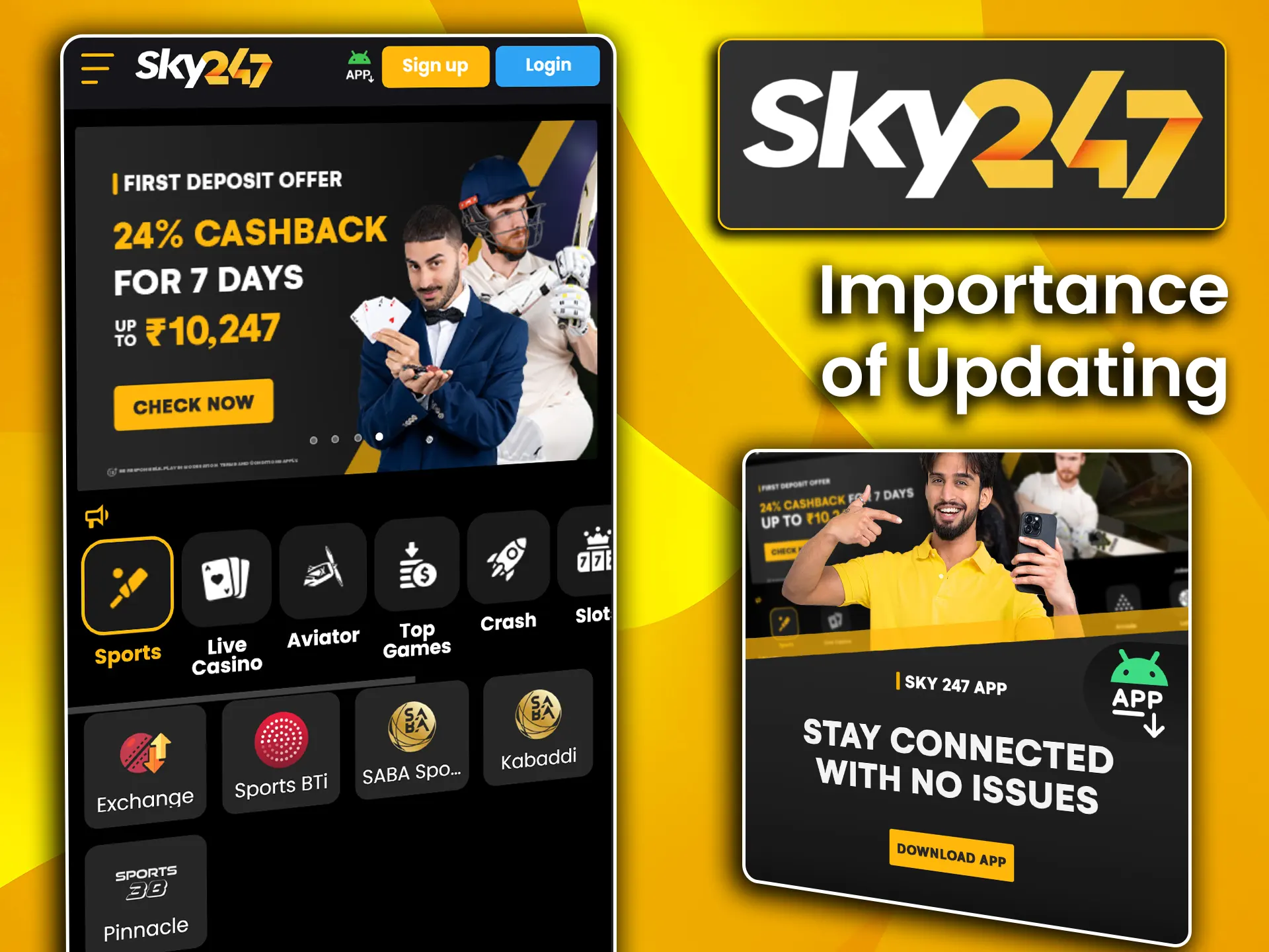 Find out how to update the app to access new features in the Sky247 app.