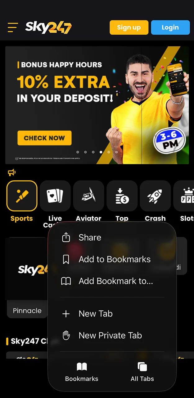 Open the Safari menu to start installing the Sky247 app for iOS.