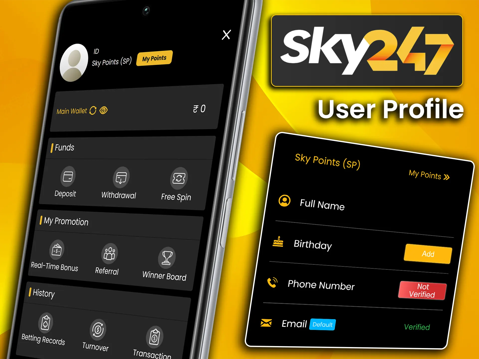 Open the user profile section to manage your personal settings and balance on Sky247.