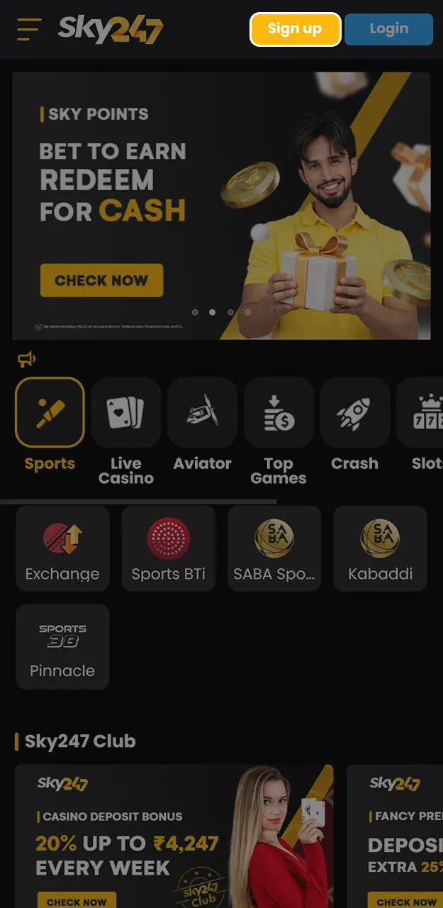 Complete your registration on the website to receive bonuses on Sky247.