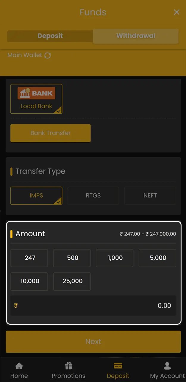 Provide the necessary information to enter the withdrawal amount on Sky247.