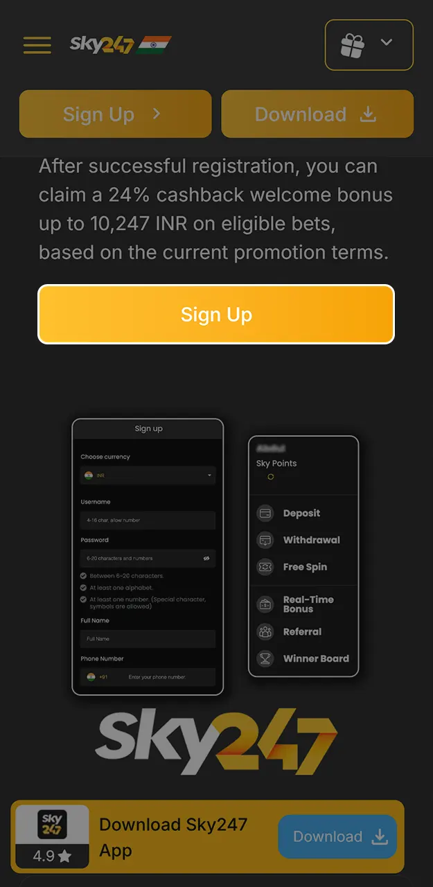 Start the registration process on Sky247.