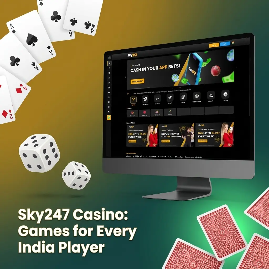 Sky247 casino lobby showcasing 5000+ games including slots, live dealer, and table games for India players