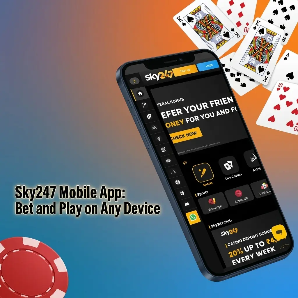 Sky247 mobile app interface showing betting and casino games on Android and iOS devices for India players